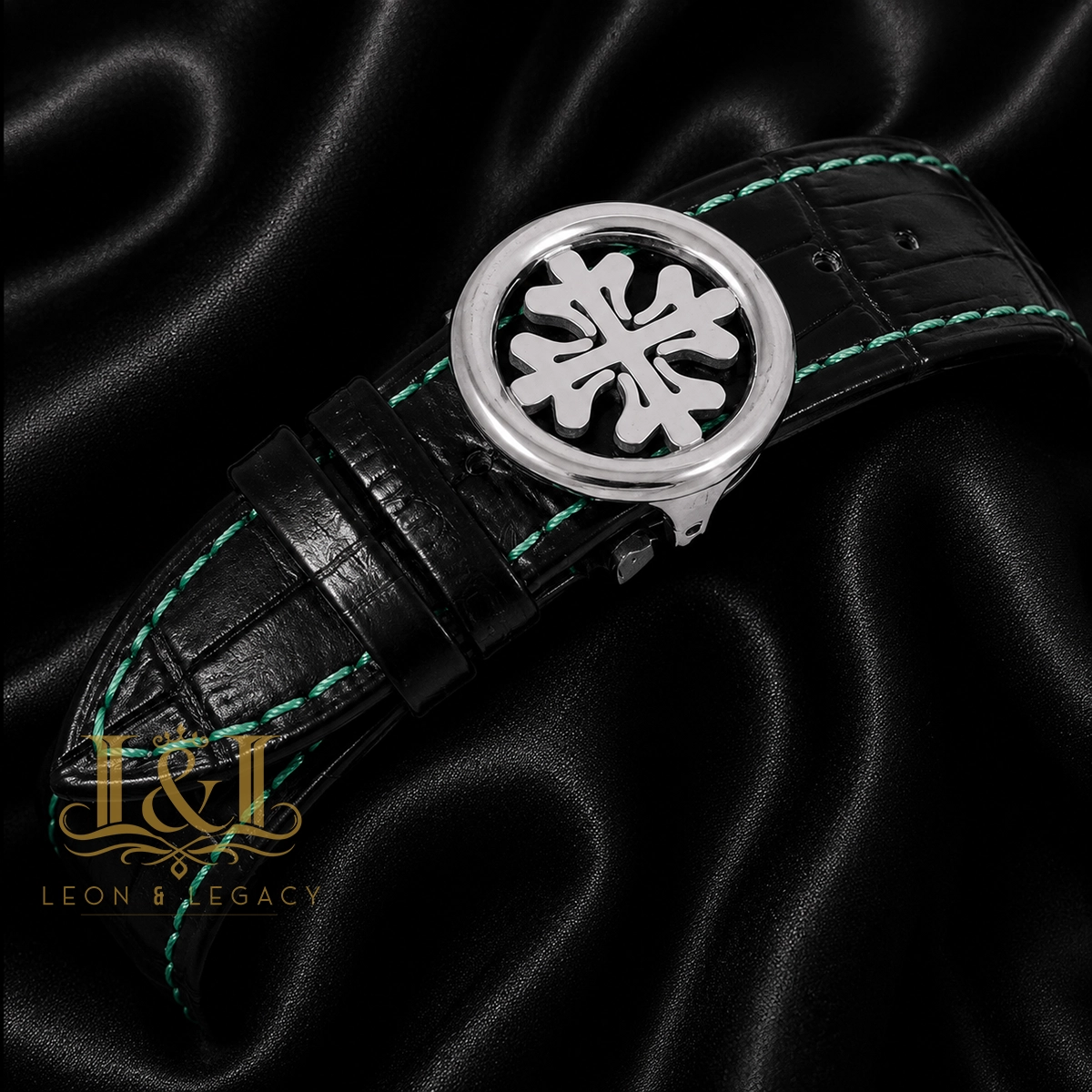 Chronograph Silver Watch with Sea Green Dial and Black Leather Strap