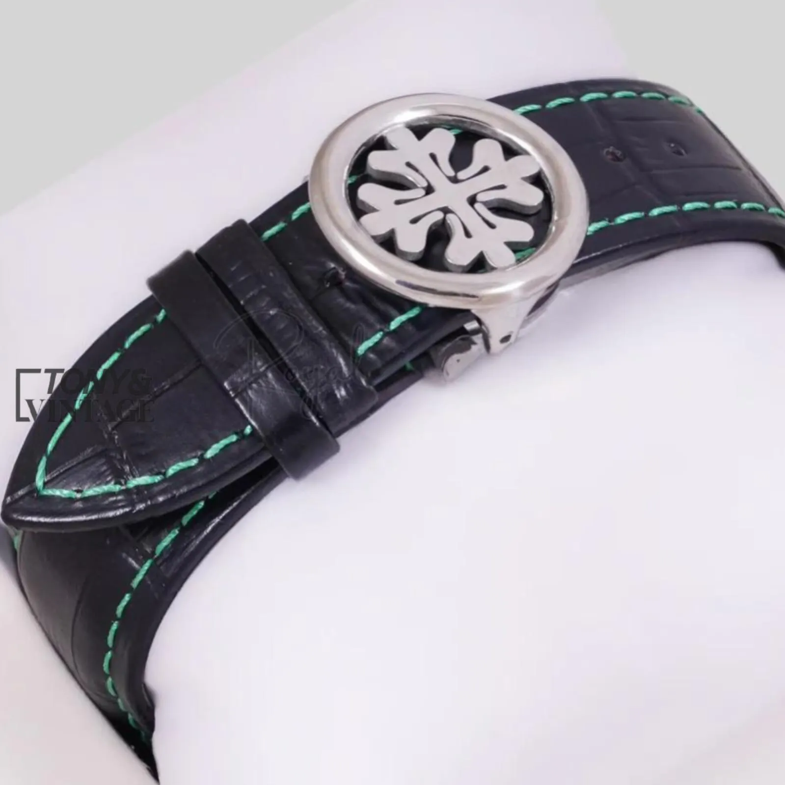 Chronograph Silver Watch with Sea Green Dial and Black Leather Strap