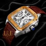 Chronograph Silver Watch with White Dial and Brown Leather Strap