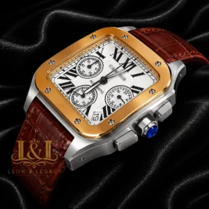 Chronograph Silver Watch with White Dial and Brown Leather Strap
