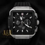 Chronograph Square Silver Watch With Grey Skeleton Dial and Black PVC Strap