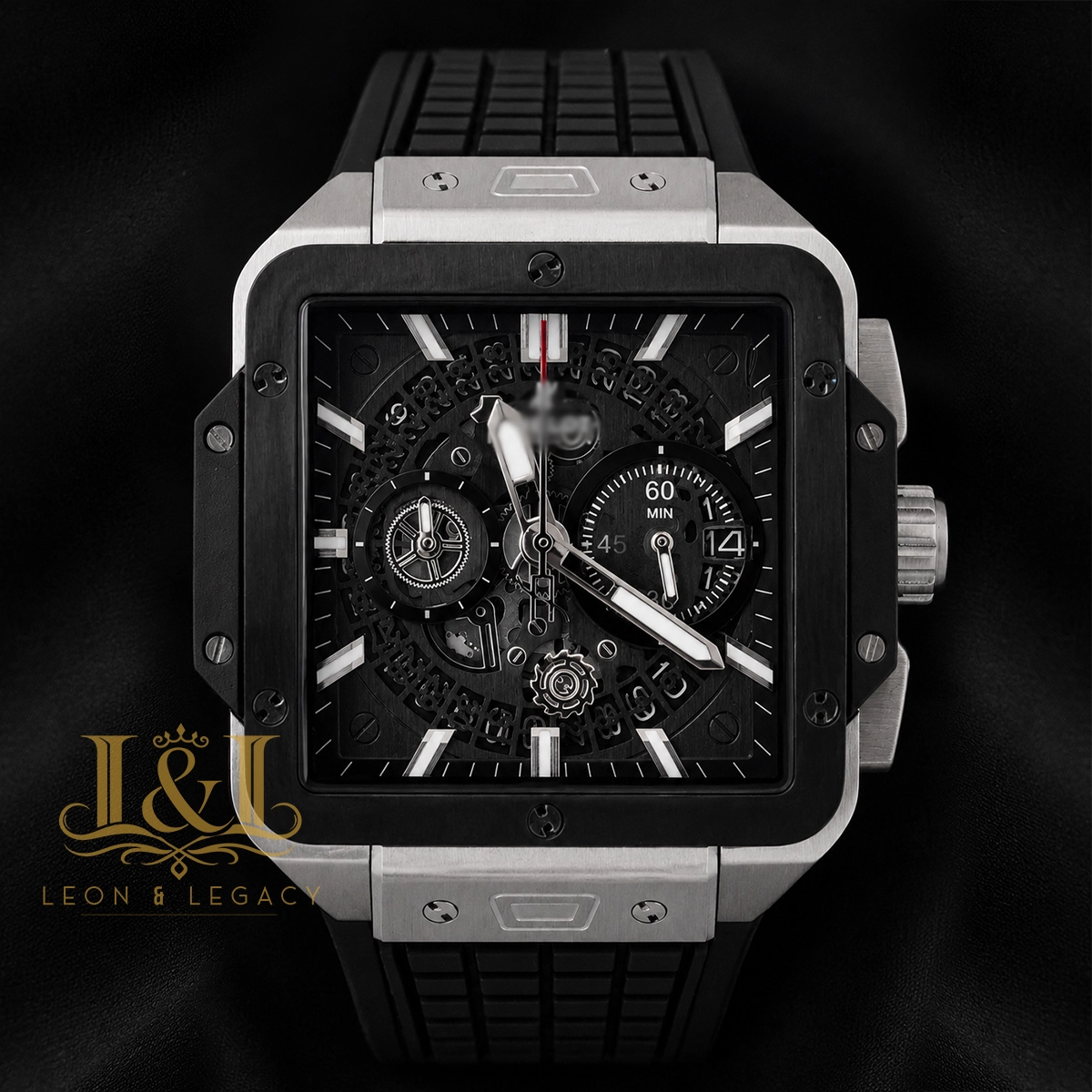 Chronograph Square Silver Watch With Grey Skeleton Dial and Black PVC Strap 1 copy