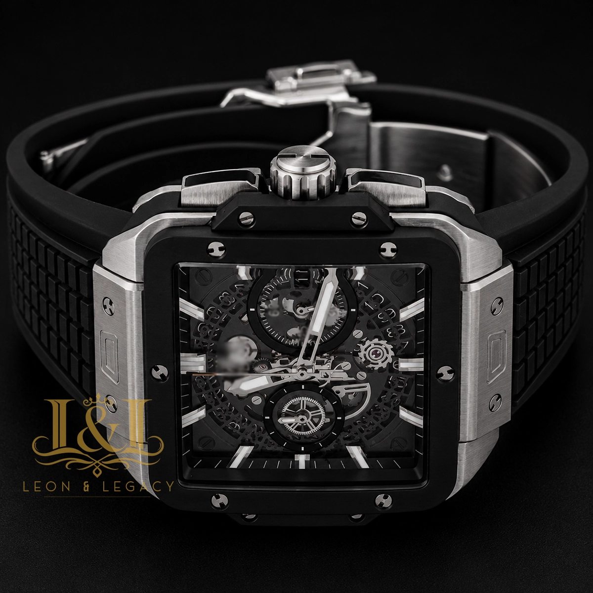 Chronograph Square Silver Watch With Grey Skeleton Dial and Black PVC Strap