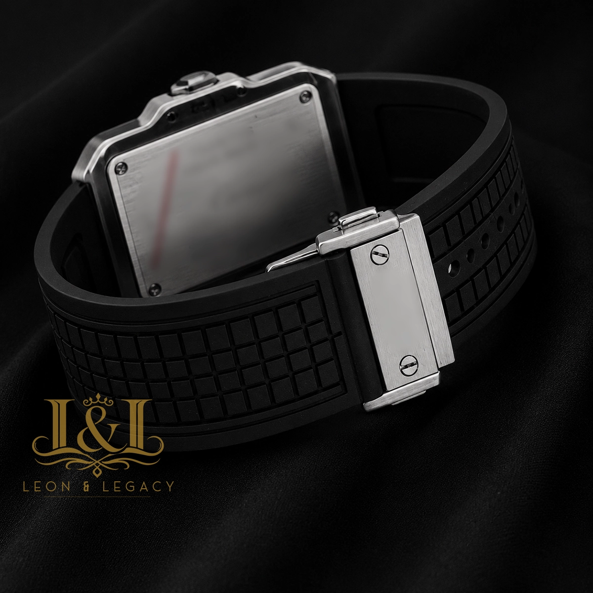 Chronograph Square Silver Watch With Grey Skeleton Dial and Black PVC Strap
