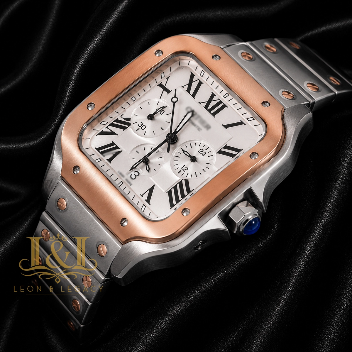 Chronograph Two Tone Rose Gold Watch With Silver Dial and Chain 1 copy