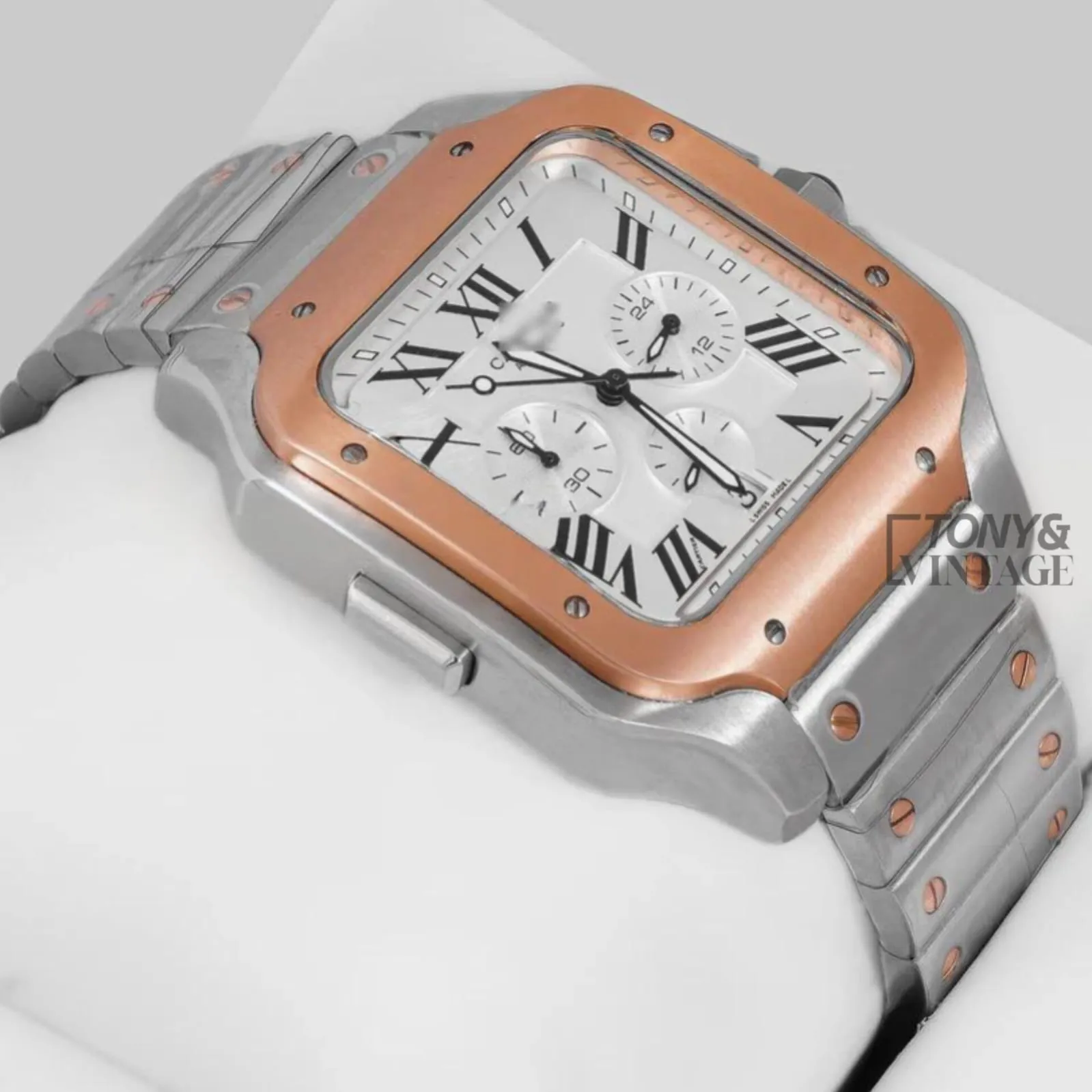 Chronograph Two Tone Rose Gold Watch With Silver Dial and Chain