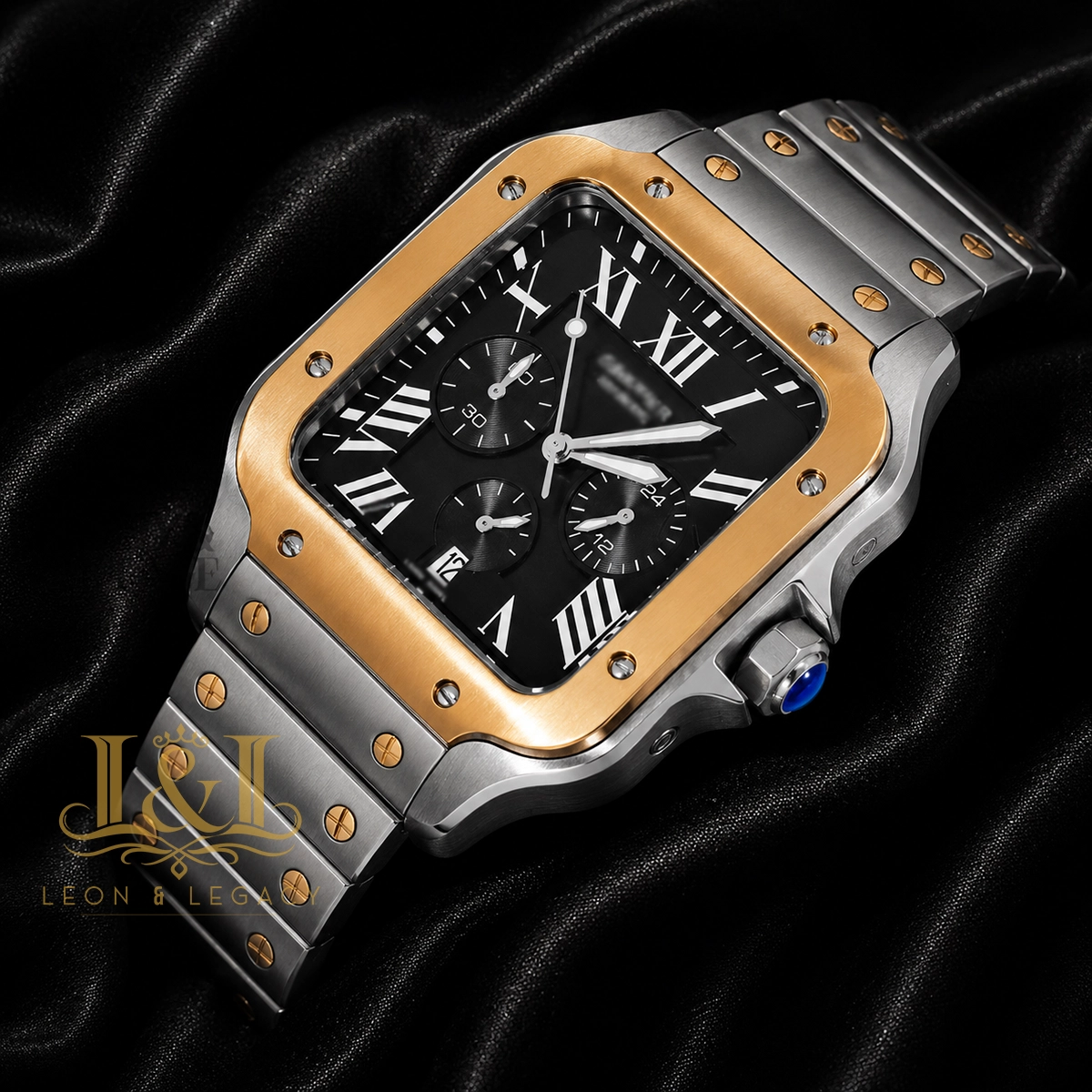 Chronograph Two Tone Yellow Gold Watch With Black Dial and Chain 1 copy