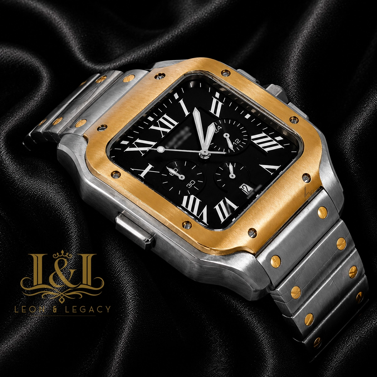 Chronograph Two-Tone Yellow Gold Watch With Black Dial and Chain