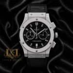 Chronograph Watch in Silver Matt With Black Dial and Leather Strap