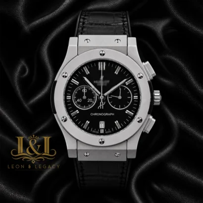 Chronograph Watch in Silver Matt With Black Dial and Leather Strap