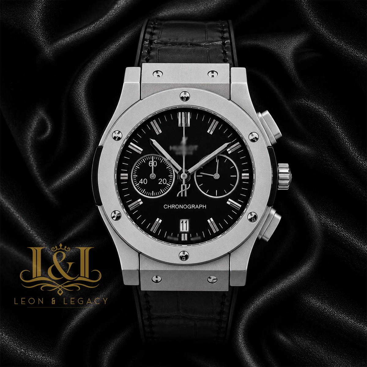 Chronograph Watch in Silver Matt With Black Dial and Leather Strap copy