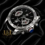 Chronograph Watch with Black Dial and Black Leather Strap