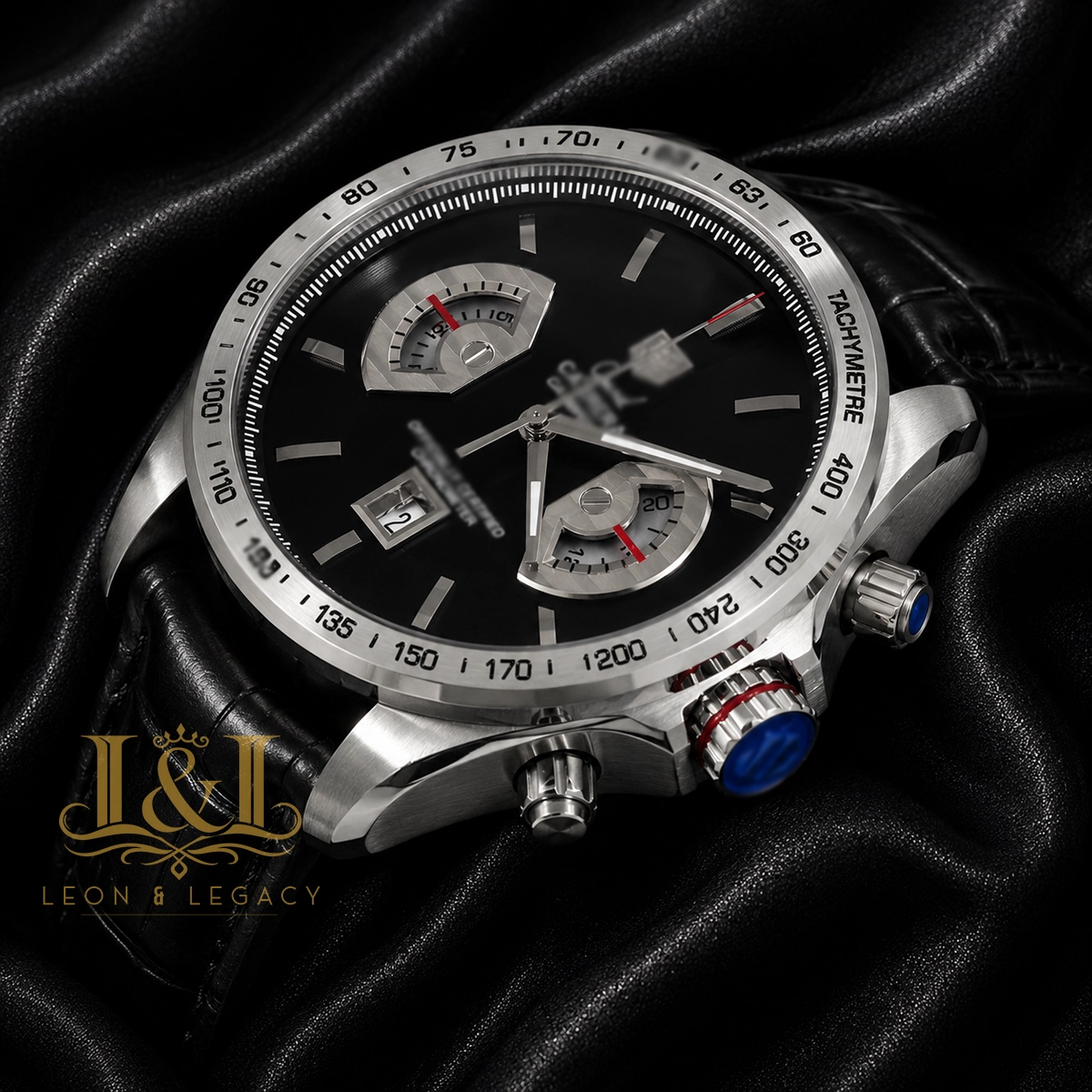 Chronograph Watch with Black Dial and Black Leather Strap1 copy