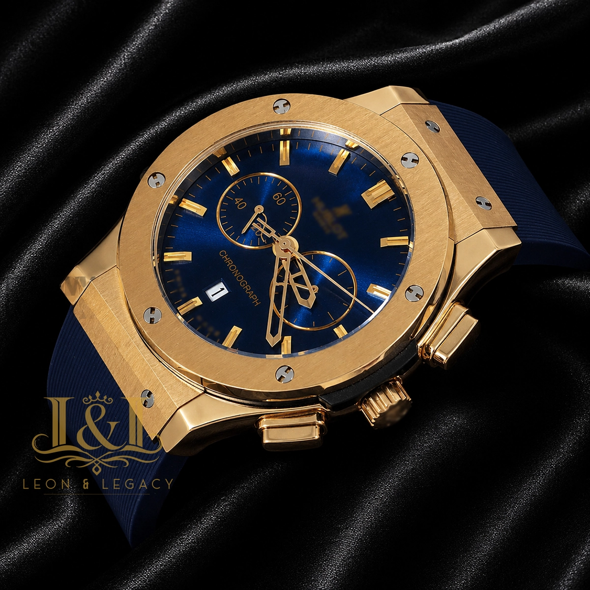 Chronograph Yellow Gold Watch with Blue Dial and PVC Strap 1 copy