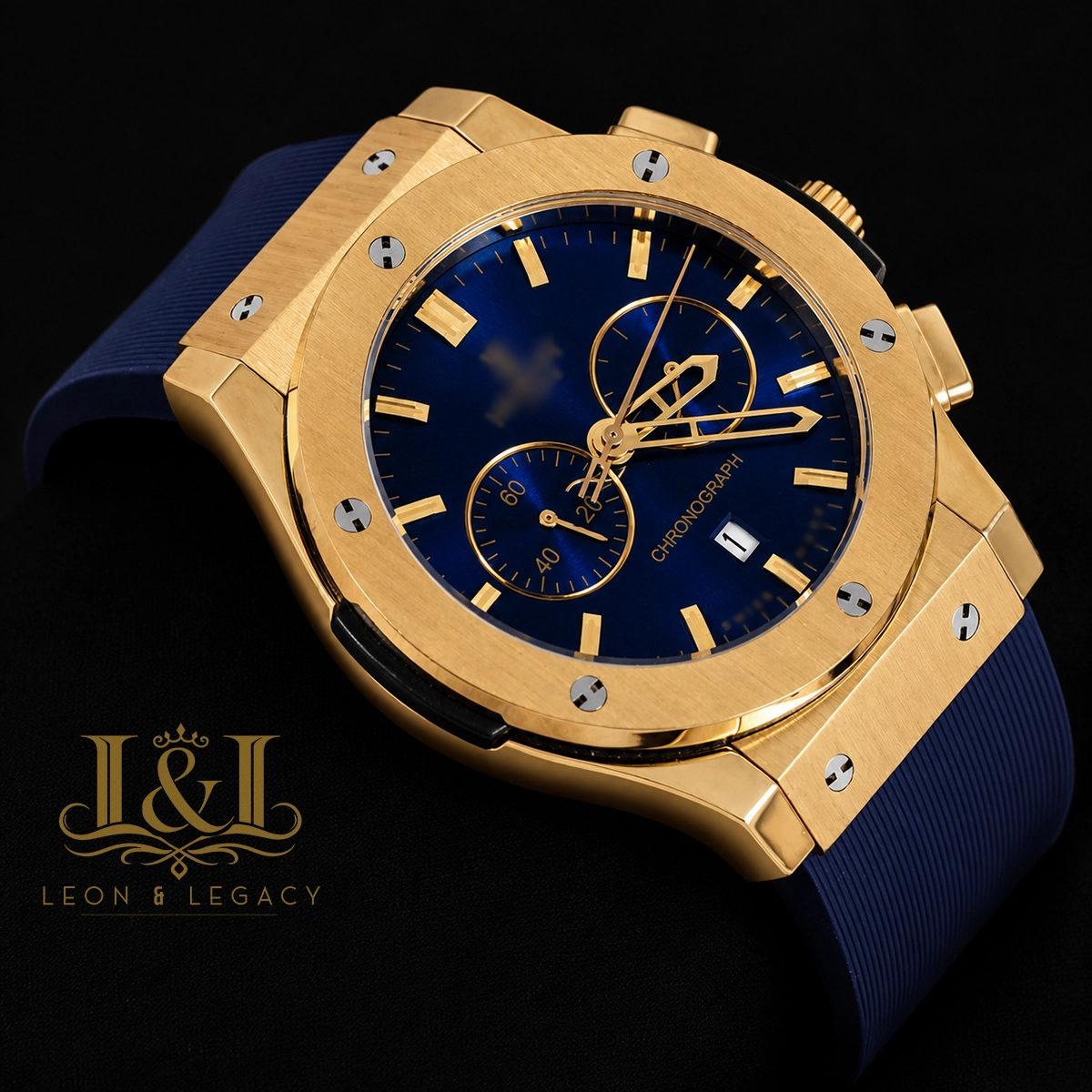 Chronograph Yellow Gold Watch with Blue Dial and PVC Strap