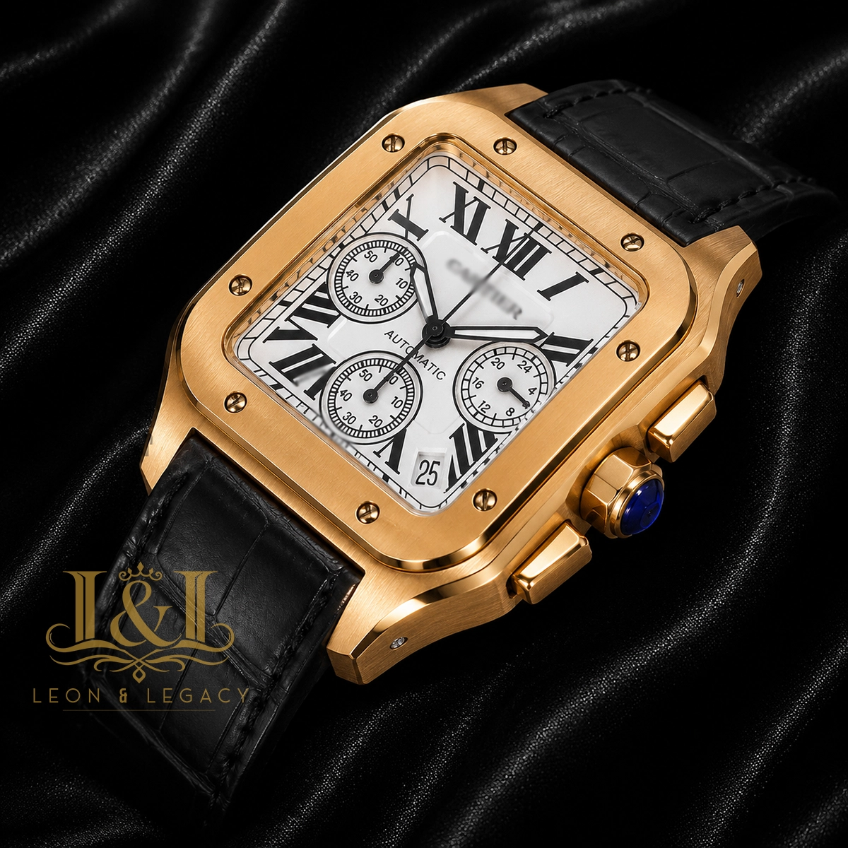 Chronograph Yellow Gold Watch with White Dial and Black Leather Strap 1 copy