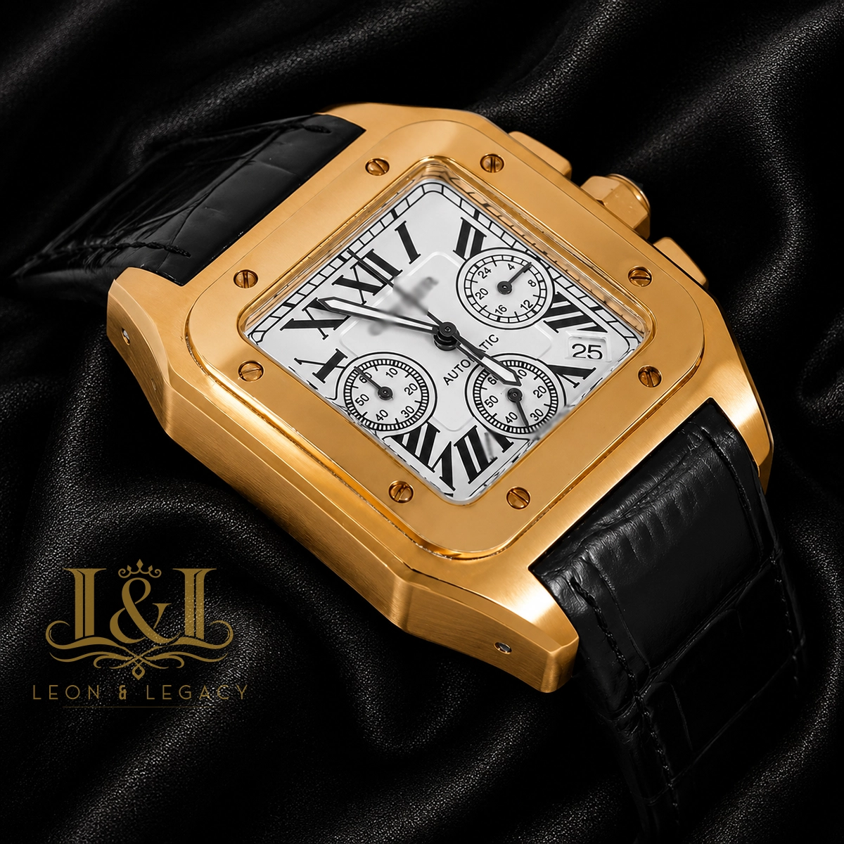 Chronograph Yellow Gold Watch with White Dial and Black Leather Strap