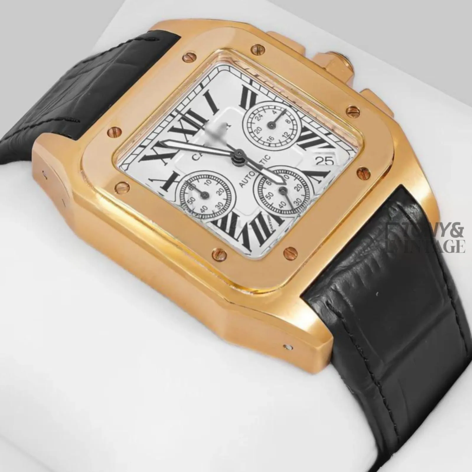 Chronograph Yellow Gold Watch with White Dial and Black Leather Strap