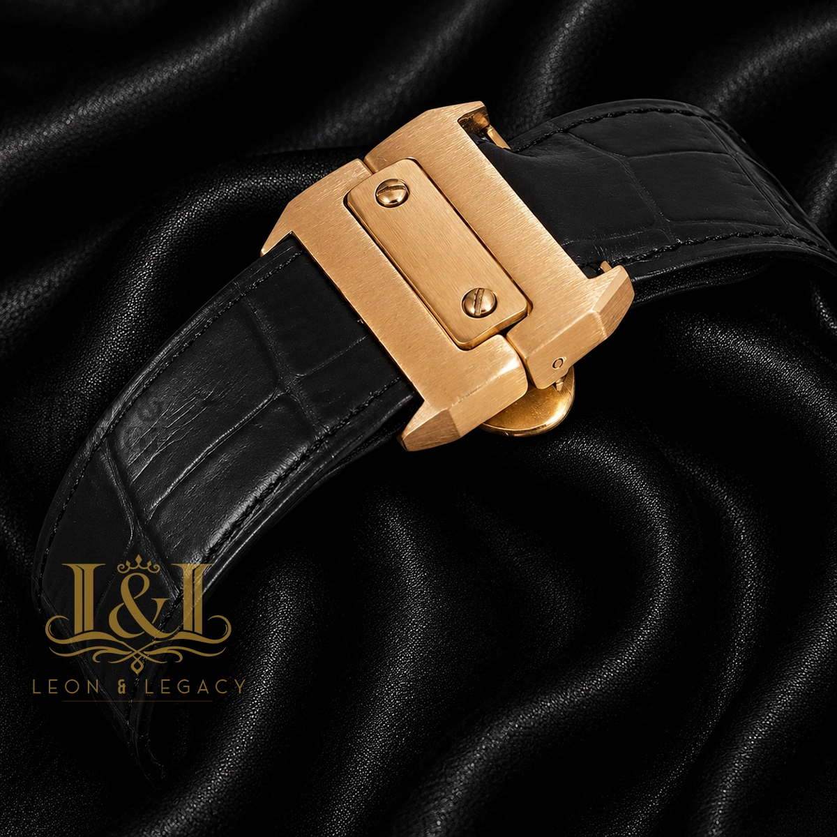Chronograph Yellow Gold Watch with White Dial and Black Leather Strap