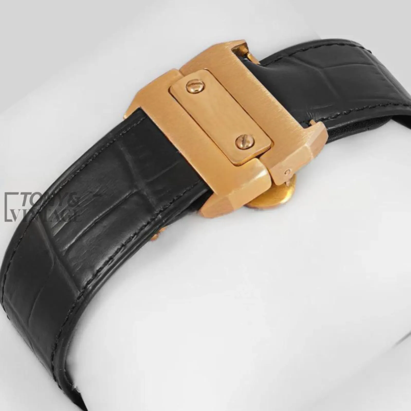 Chronograph Yellow Gold Watch with White Dial and Black Leather Strap