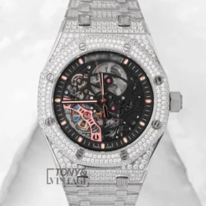 Full Stone Silver Black Skeleton Dial Automatic Watch