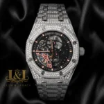 Full Stone Silver Black Skeleton Dial Automatic Watch