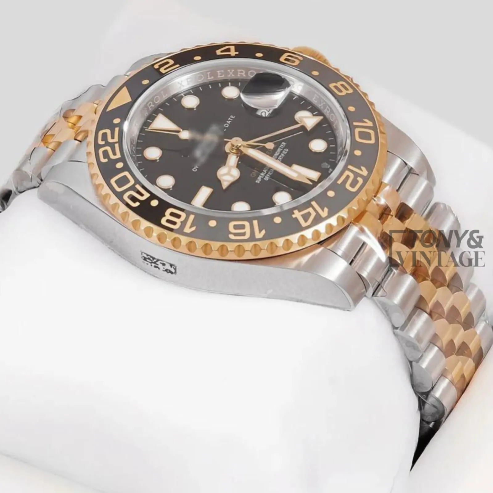 GMT 40 Two Tone Yellow Gold Automatic Watch with Black Dial & Bezel