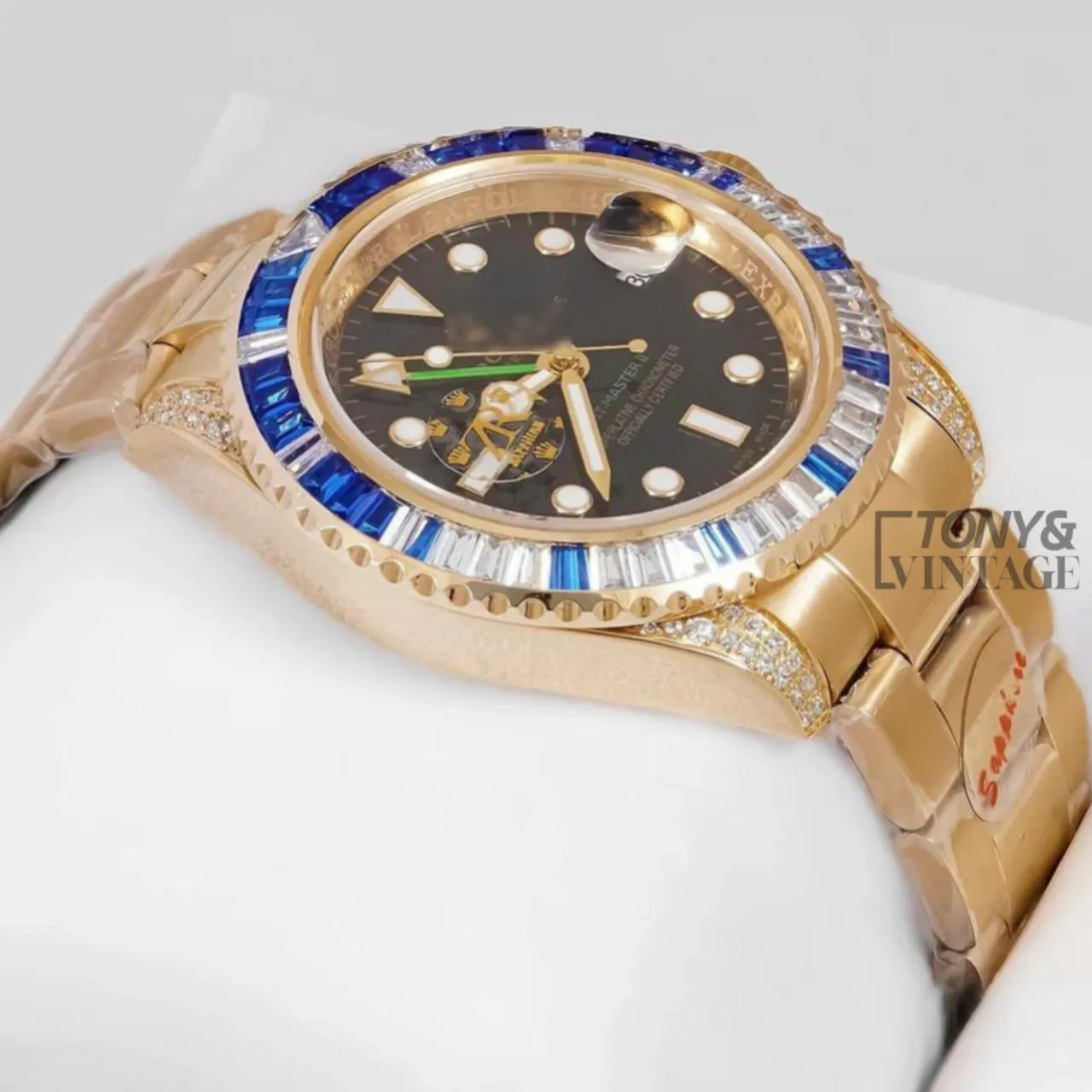 GMT 40 Yellow Gold Black Dial & Blue Stone Bezel