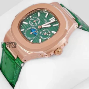 Moon Phase Chronograph Rose Gold Watch with Green Dial and Strap