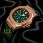 Moon Phase Chronograph Rose Gold Watch with Green Dial and Strap