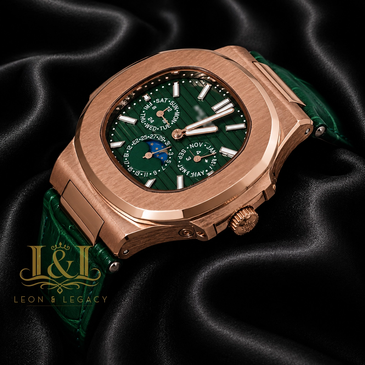 Moon Phase Chronograph Rose Gold Watch with Green Dial and Strap 1 copy