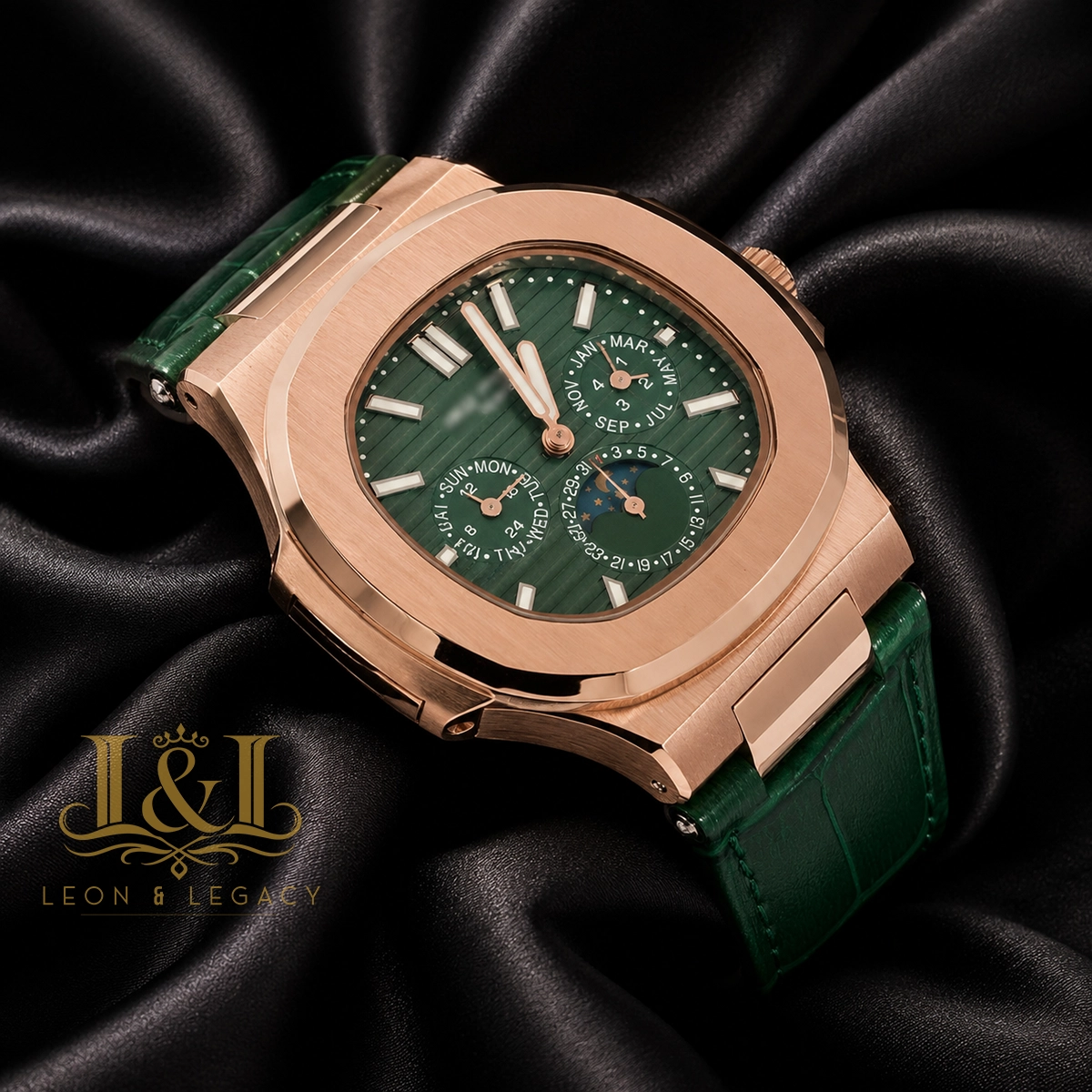 Moon Phase Chronograph Rose Gold Watch with Green Dial and Strap