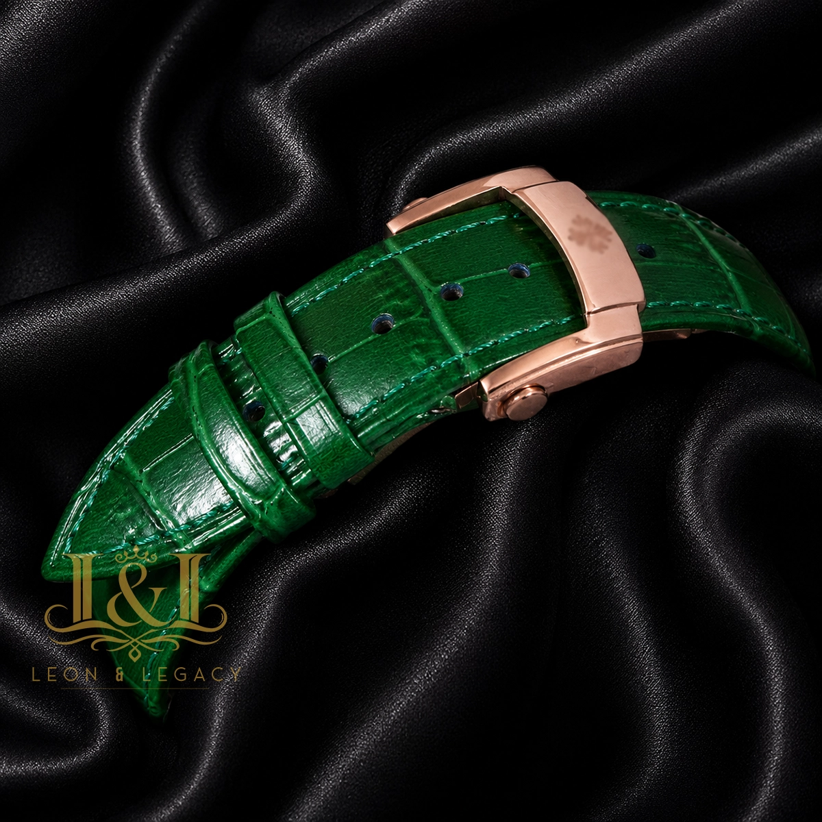 Moon Phase Chronograph Rose Gold Watch with Green Dial and Strap