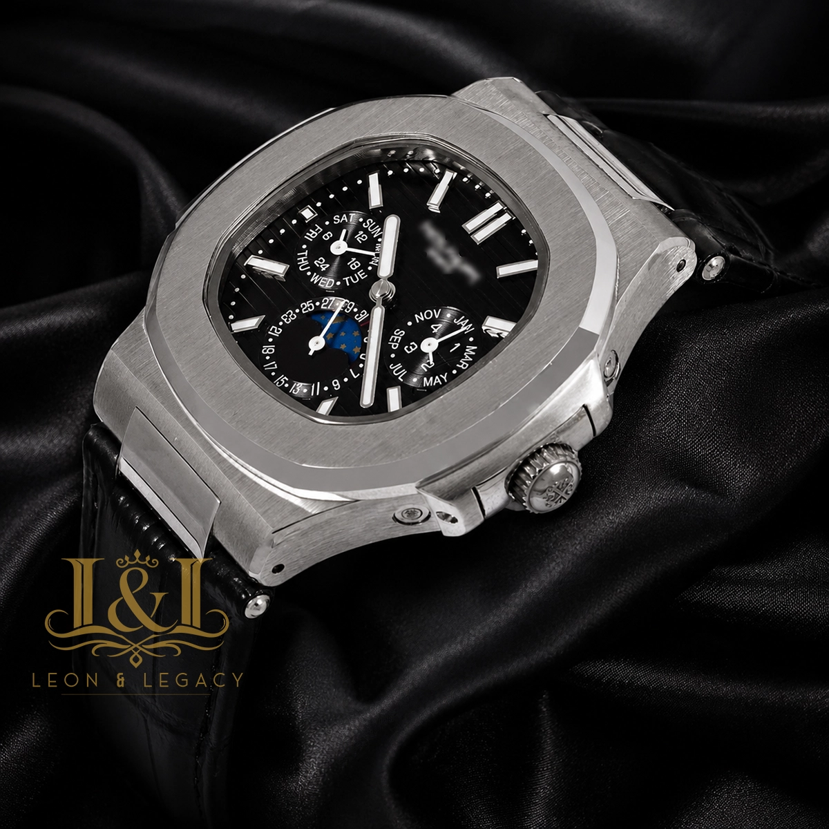 Moon Phase Chronograph Silver Watch with Black Dial and Strap 1 copy
