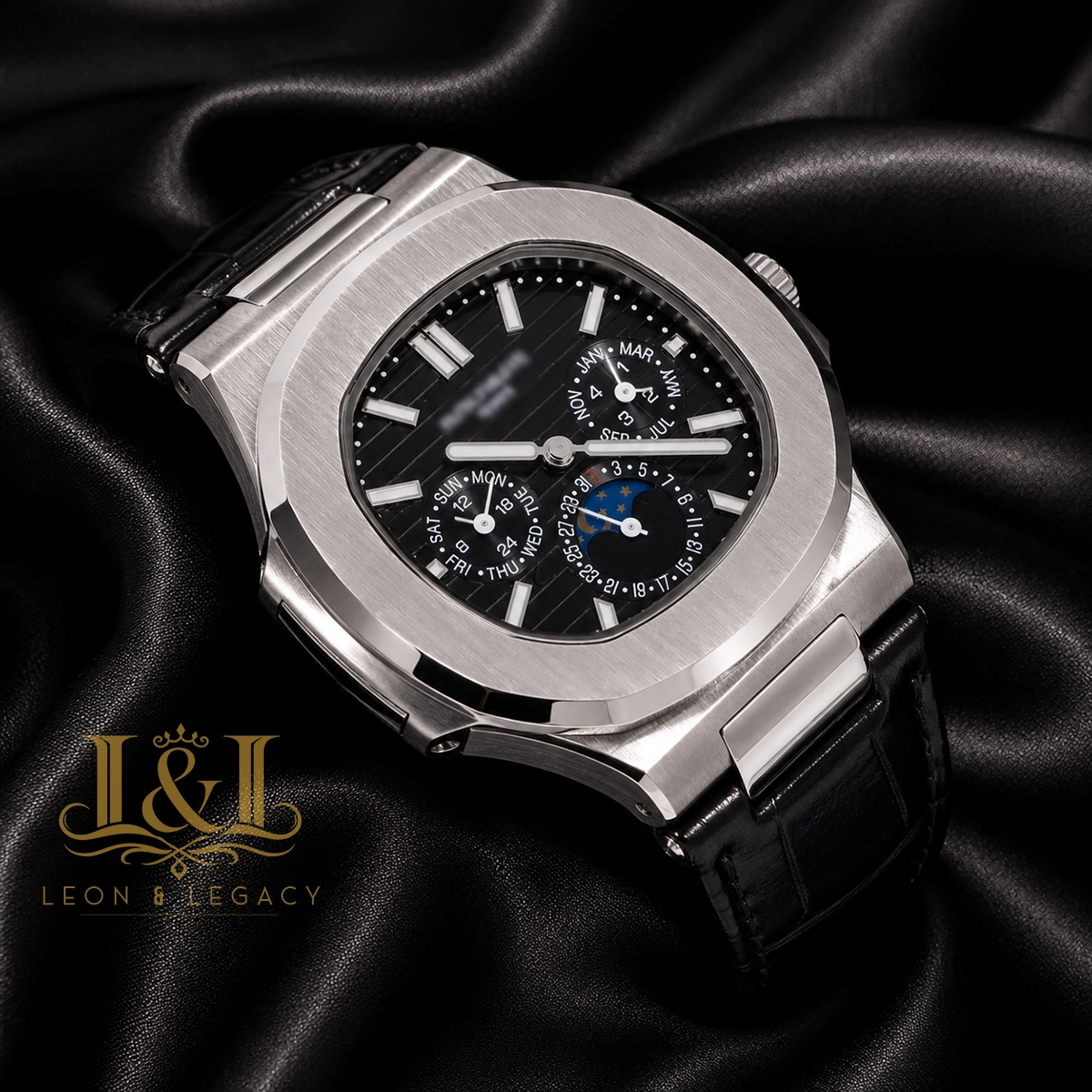 Moon Phase Chronograph Silver Watch with Black Dial and Strap