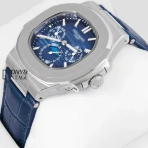 Moon Phase Chronograph Silver Watch with Blue Dial and Strap