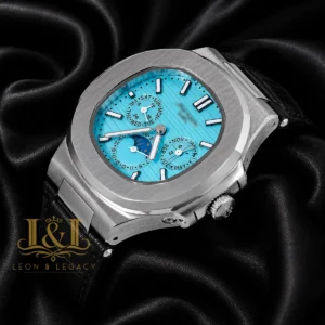 Moon Phase Chronograph Silver Watch with Blue Dial and Strap