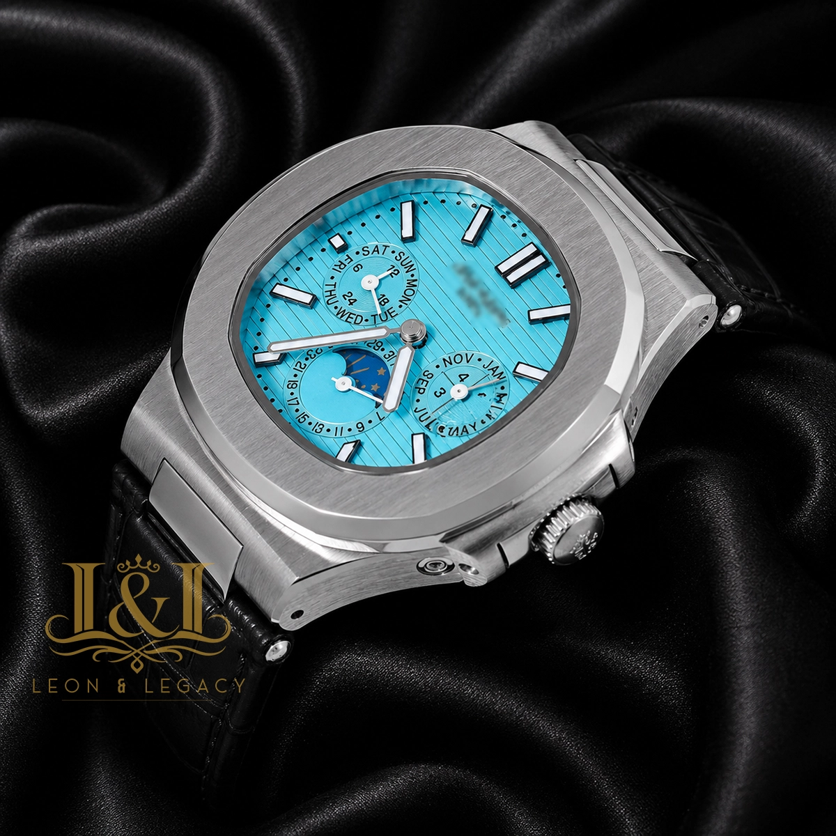 Moon Phase Chronograph Silver Watch with Blue Dial and Strap 1 copy