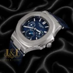 Moon Phase Chronograph Silver Watch with Blue Dial and Strap