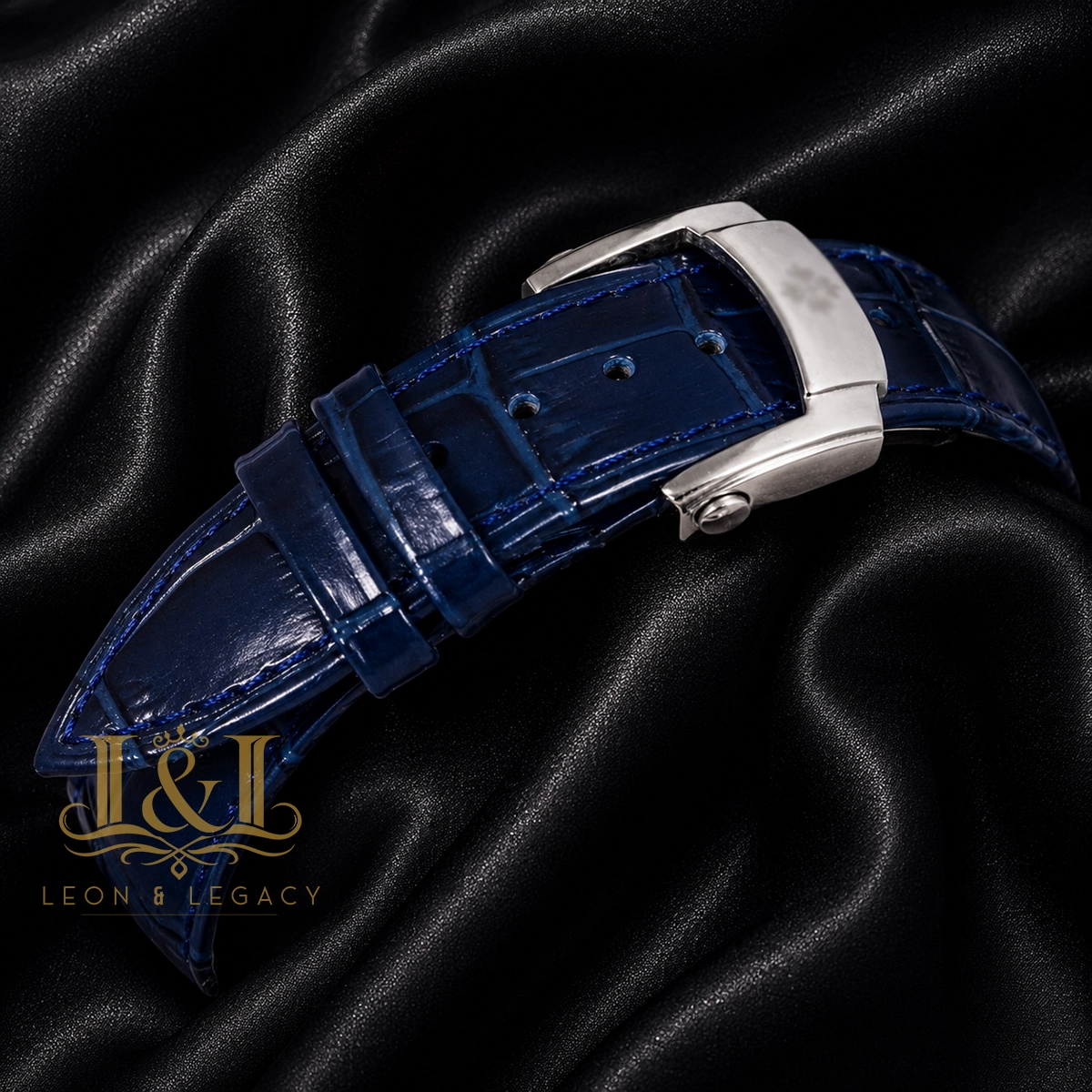 Moon Phase Chronograph Silver Watch with Blue Dial and Strap