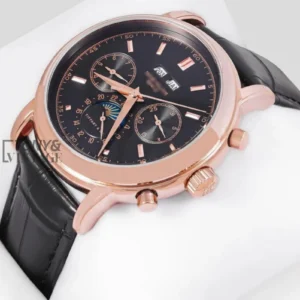 Moon Phase Rose Gold Watch with Black Dial and Leather Strap