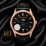 Moon Phase Rose Gold Watch with Black Dial and Leather Strap