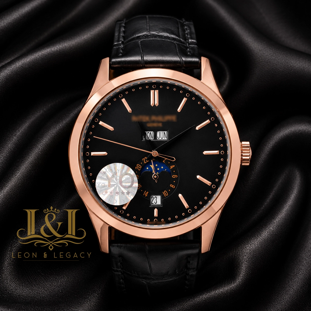 Moon Phase Rose Gold Watch with Black Dial and Leather Strap 1 copy