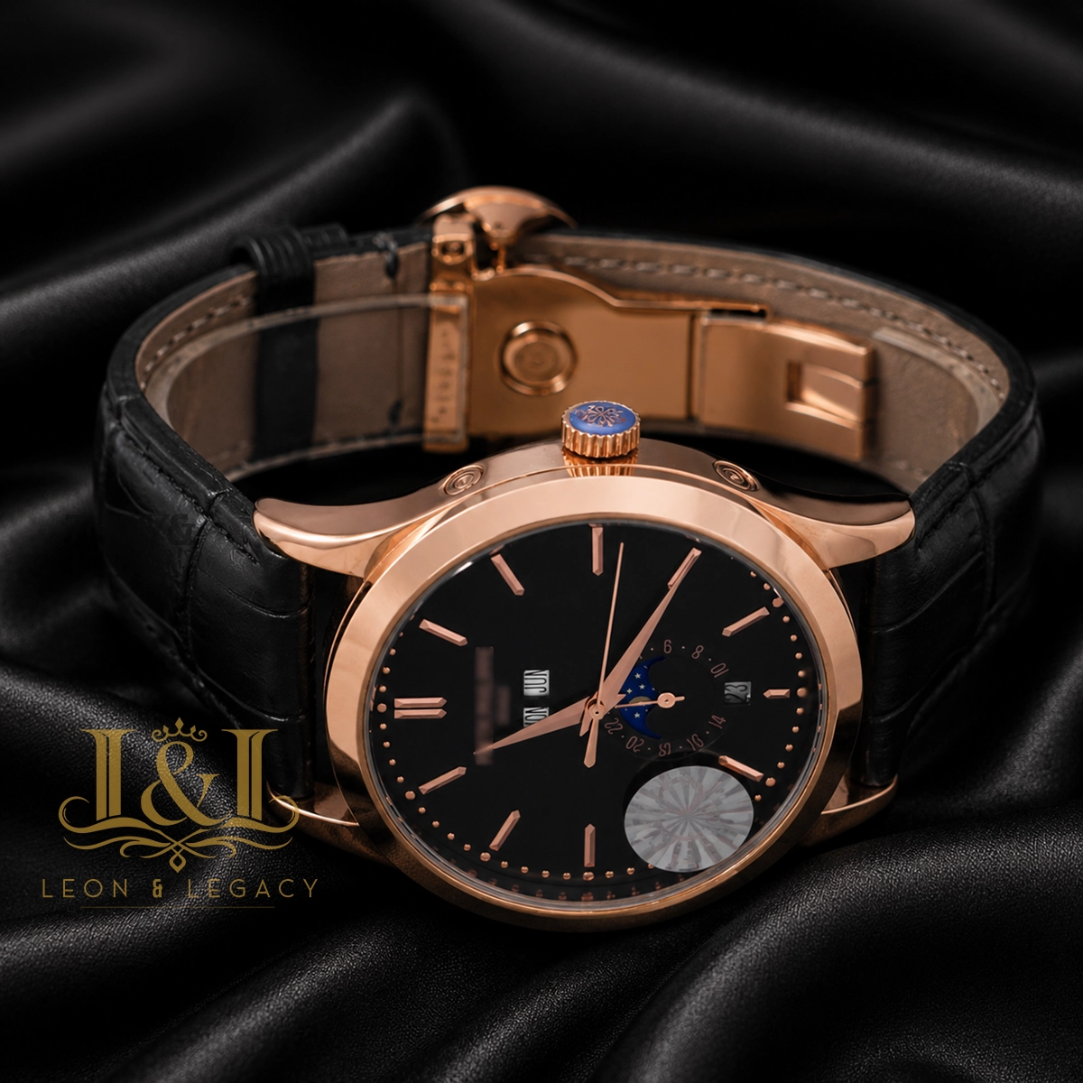Moon Phase Rose Gold Watch with Black Dial and Leather Strap