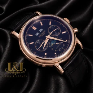 Moon Phase Rose Gold Watch with Black Dial and Leather Strap