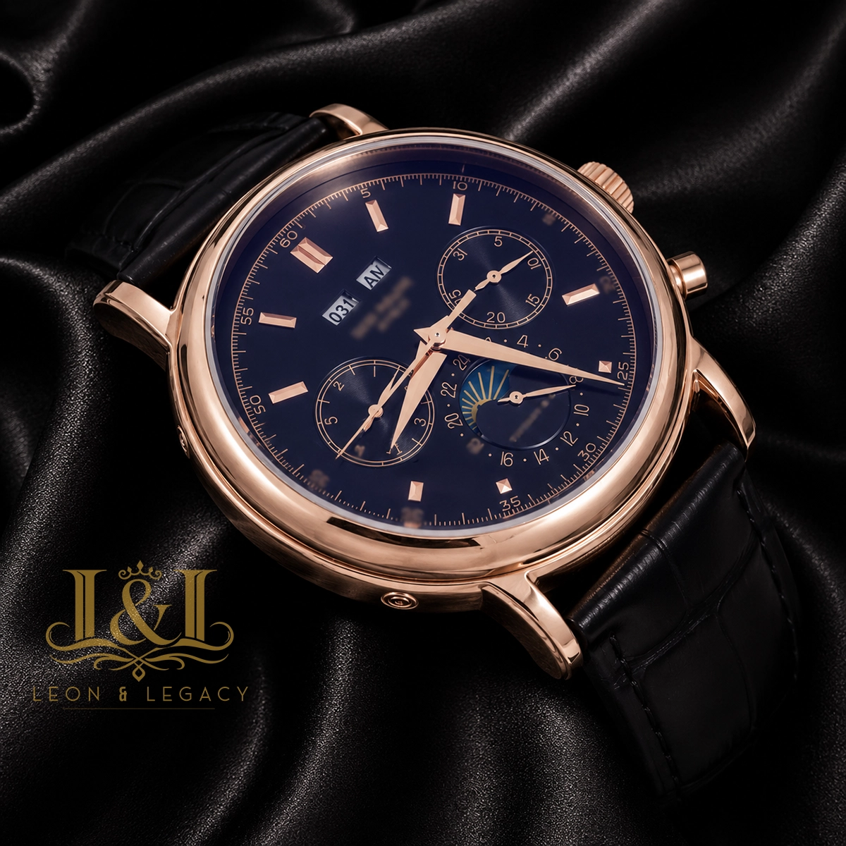 Moon Phase Rose Gold Watch with Black Dial and Leather Strap 2. copy