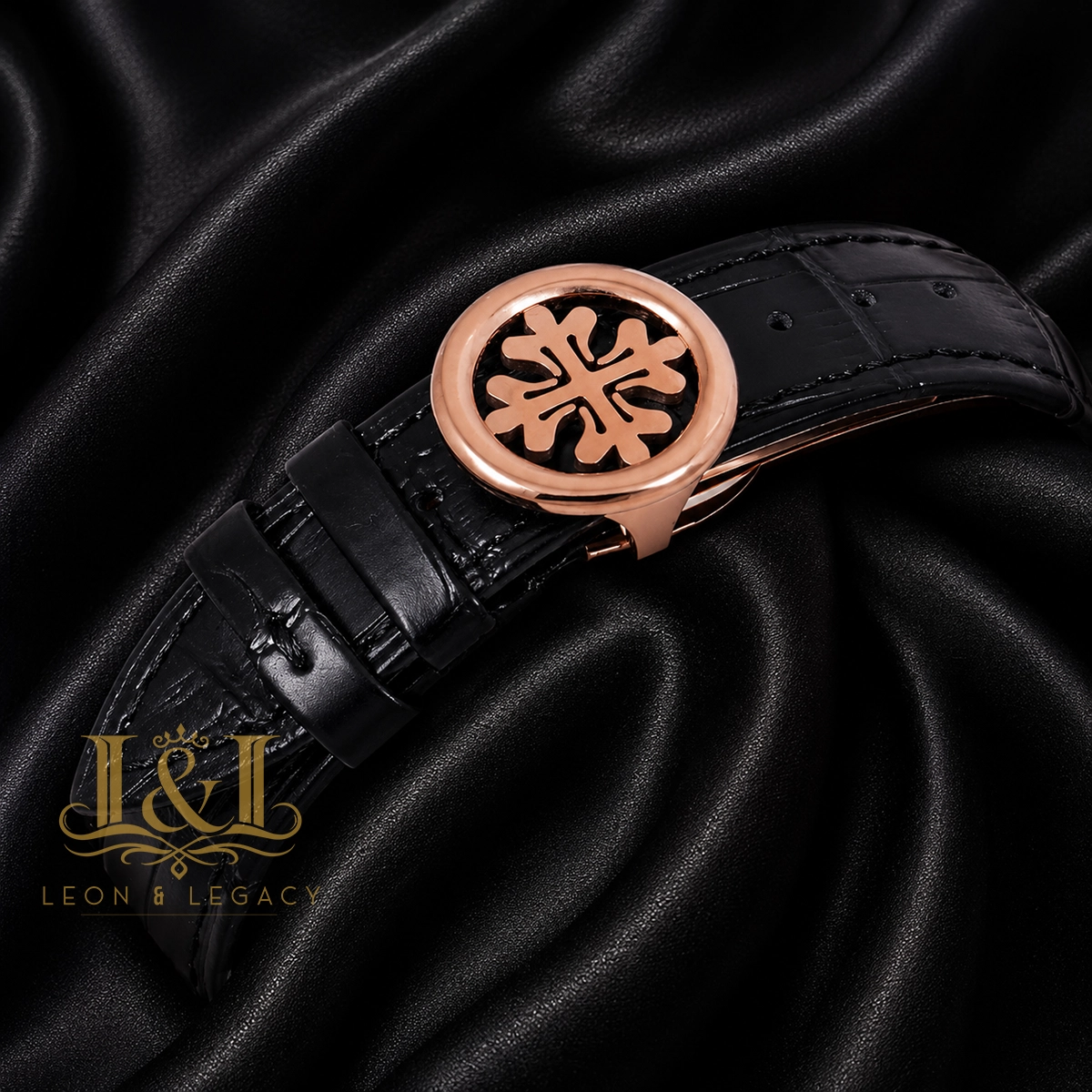 Moon Phase Rose Gold Watch with Black Dial and Leather Strap