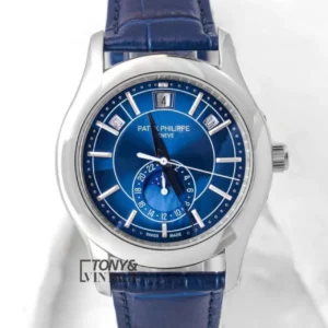 Moon Phase Silver Watch with Blue Dial and Leather Strap