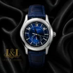 Moon Phase Silver Watch with Blue Dial and Leather Strap