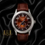 Moon Phase Silver Watch with Brown Dial and Leather Strap
